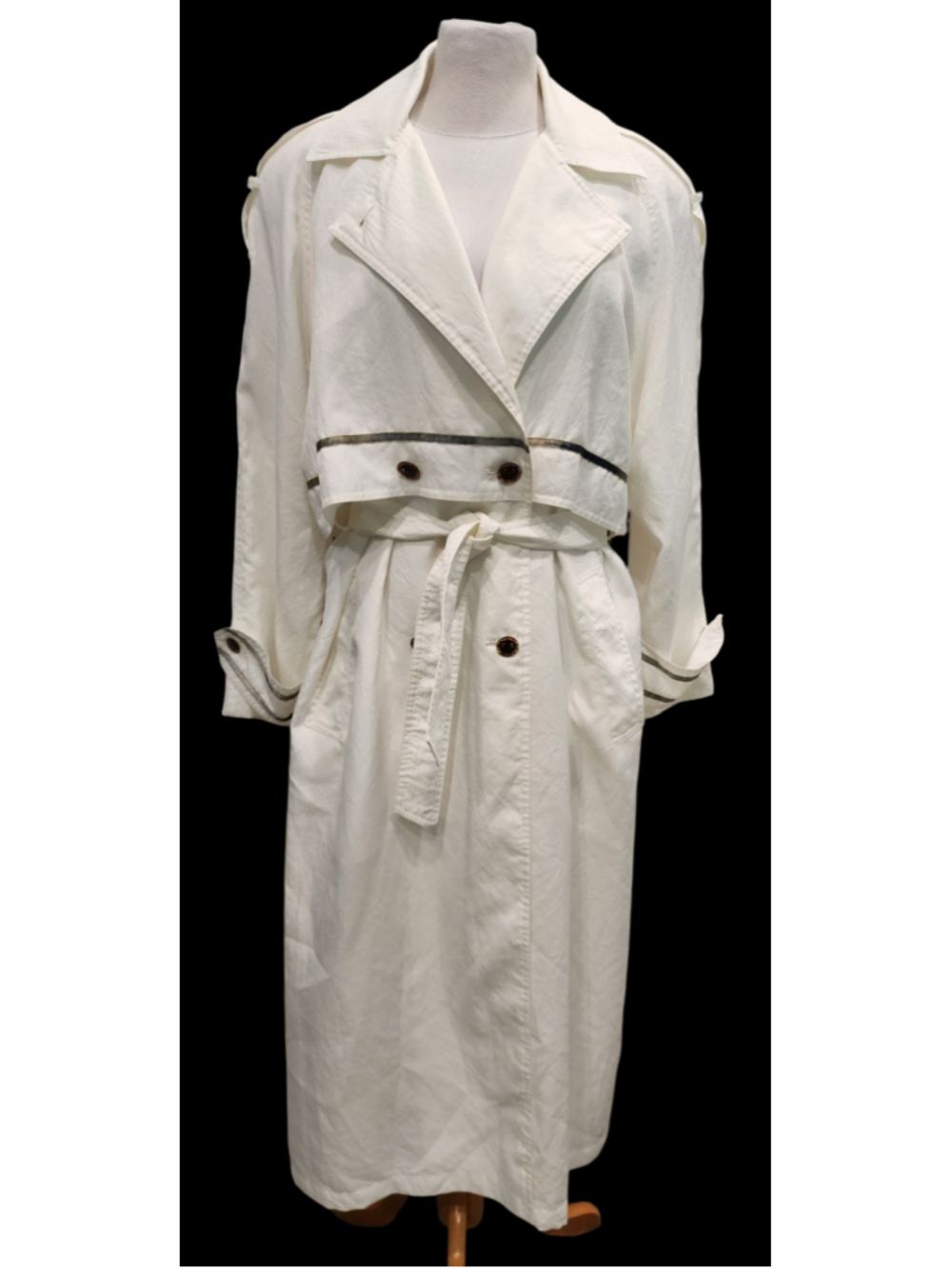 Vintage 80s Laura Winston Ivory White Trench Coat 12 Double Breasted Belted